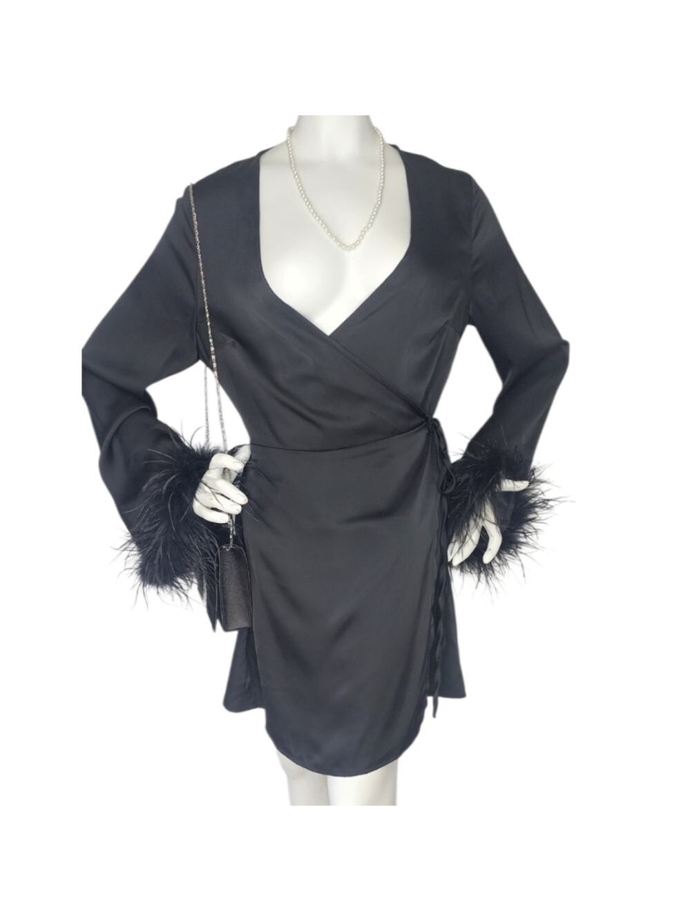 NWT Glamorous Black Satin Feather Wrap Mini Dress Medium | Night Out Luxe
